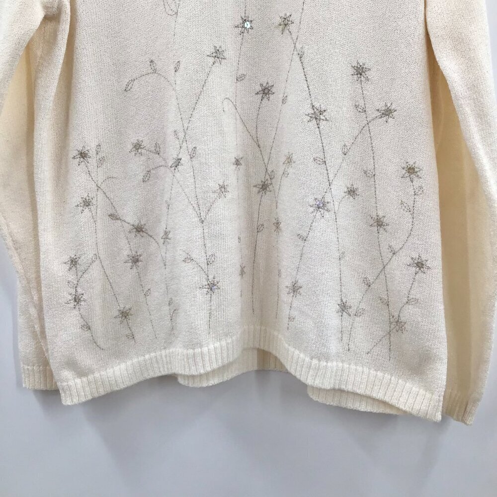 Vintage 1X Winter Flowers Sweater Embroidered Iridescent Sequin Ivory Gold L/S - Picture 4 of 13